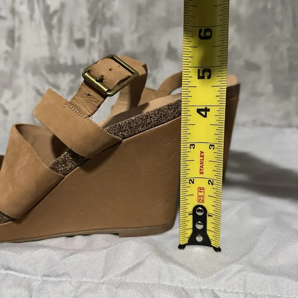 Franco Sarto Fiona Strappy Leather Wedge Sandals Womens Size 8.5M Brown Cork EUC